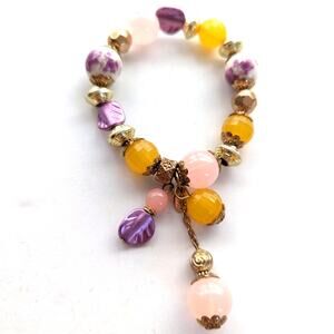 Vintage Yves Rocher Boho Retro Glam Acrylic Ceramic Beaded Stretch Bracelet